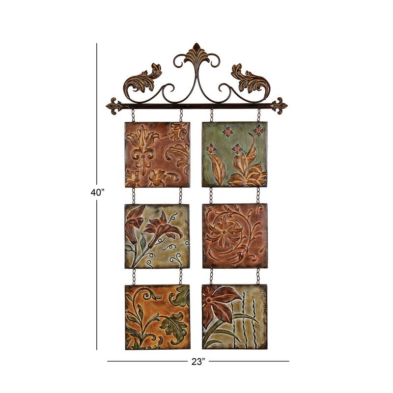 Multi Colored Metal Embossed Floral Home Wall Decor with 6 Suspended Panels and Scroll Details