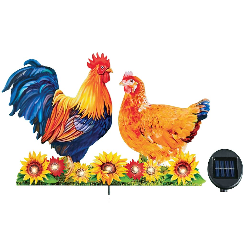 Solar Powered Realistic Rooster and Hen Garden Stake - 18 x 18 x 0.25