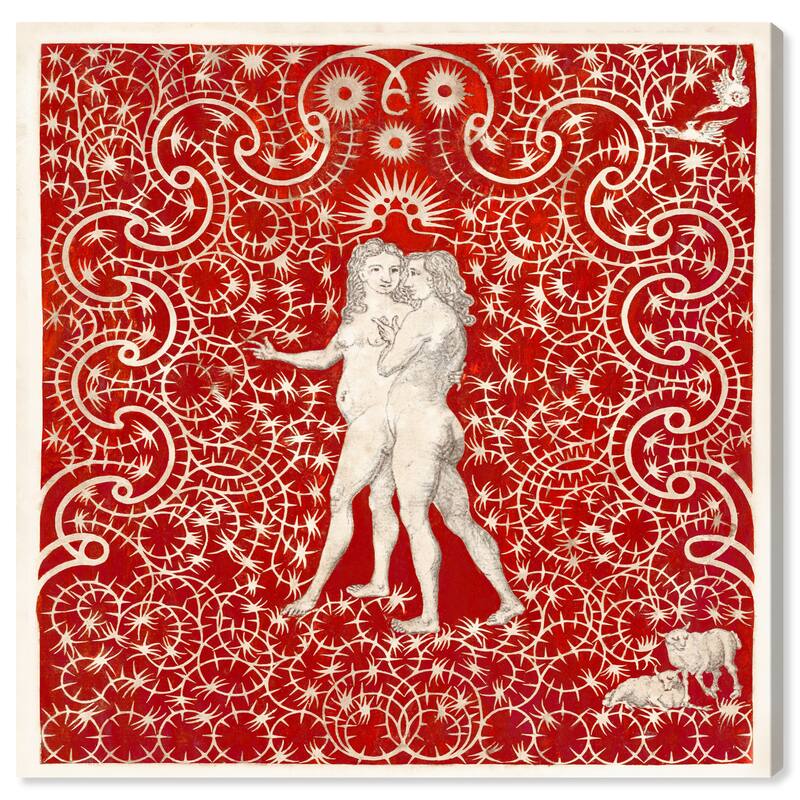 Wynwood Studio Canvas Spiritual and Religious Adam and Eve in the Garden Red and Crimson Traditional Wall Art Canvas Print