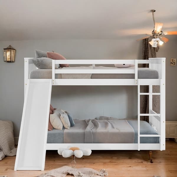 slide 2 of 8, Modern & Clean Design Full over Full Multiple Functional Sturdy Wood Bunk Bed with Slide and Ladder, Easy Assembling, White White