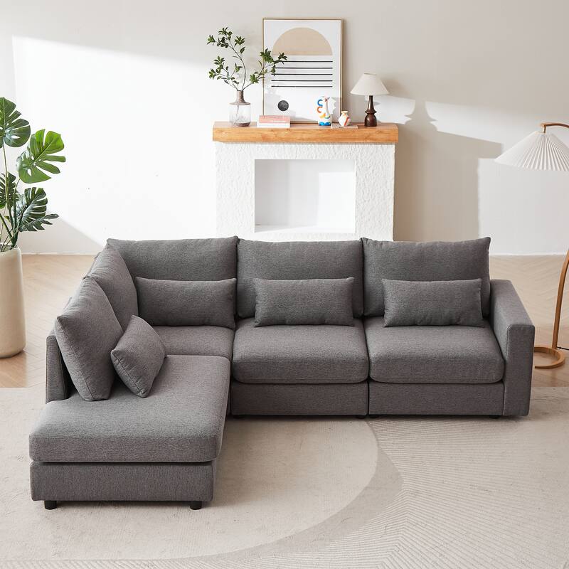 100.2" Linen L-Shaped Sectional Sofa with Ottoman & Lumbar Pillows