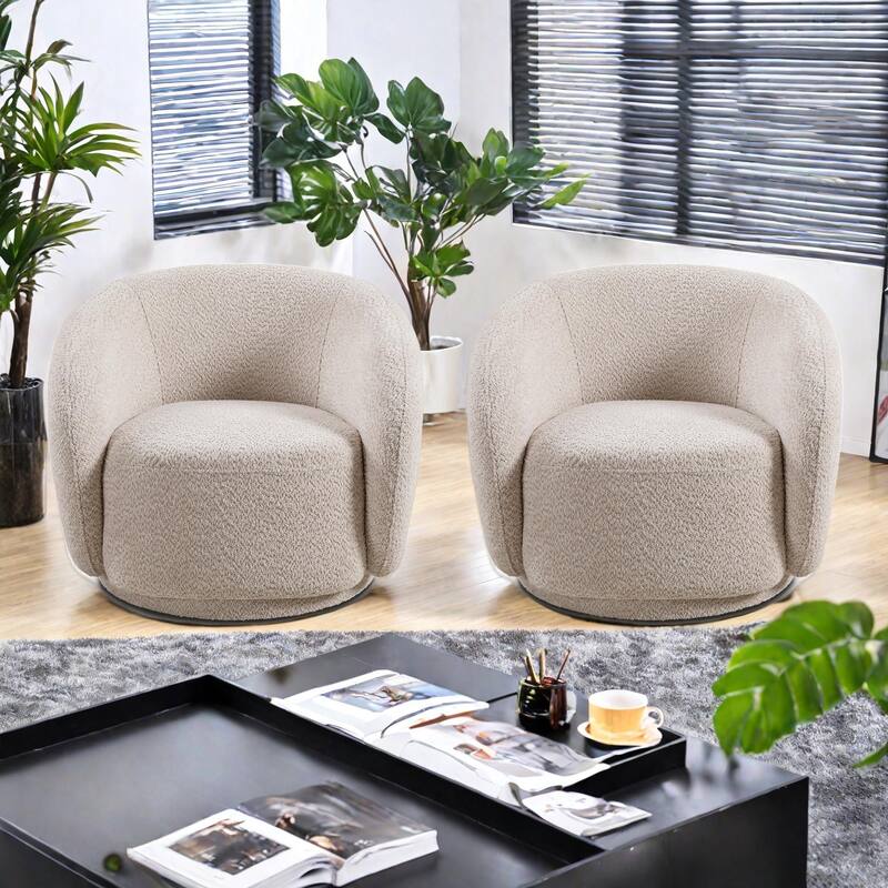 Boucle Fabric Swivel Accent Chairs (Set of 2) with Solid Wood Frames, 360° Swivel Base, and High-Density Foam Cushions - Beige