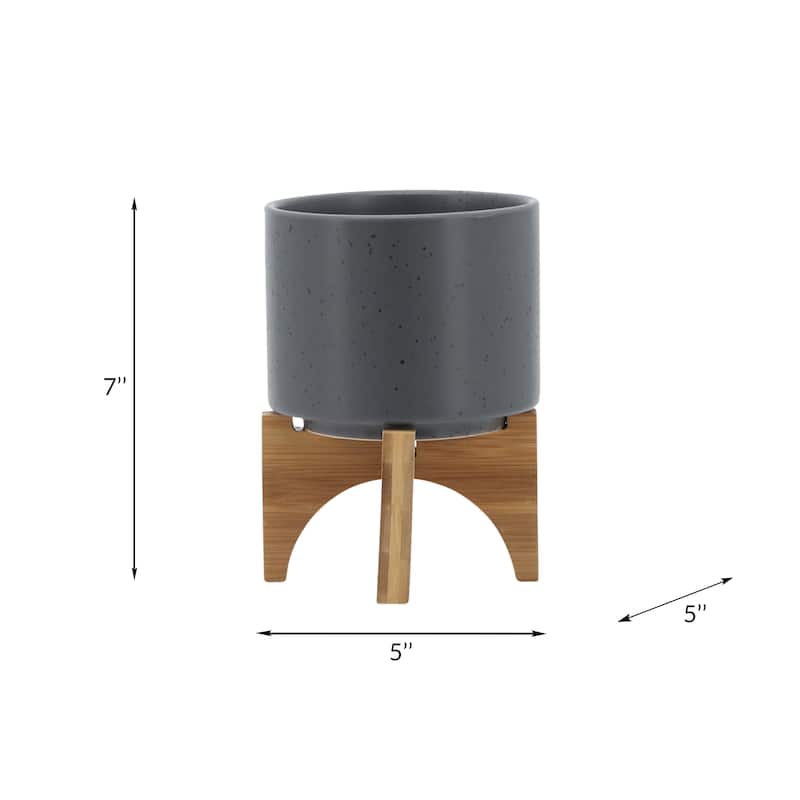 5 Inch Ceramic Planter Grey Planter Pot with Wood Stand, Flowerpot