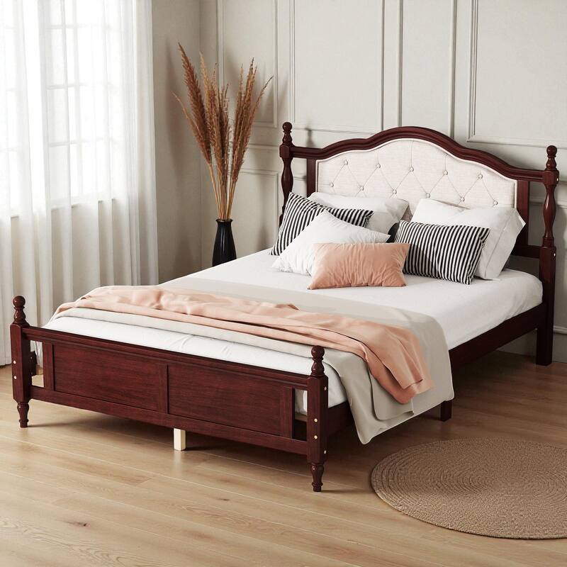 Queen Size Pine Wood Bed with Upholstered Headboard and Panel Footboard, Solid Frame with Central Support and Under-Bed Storage - Cherry - Queen