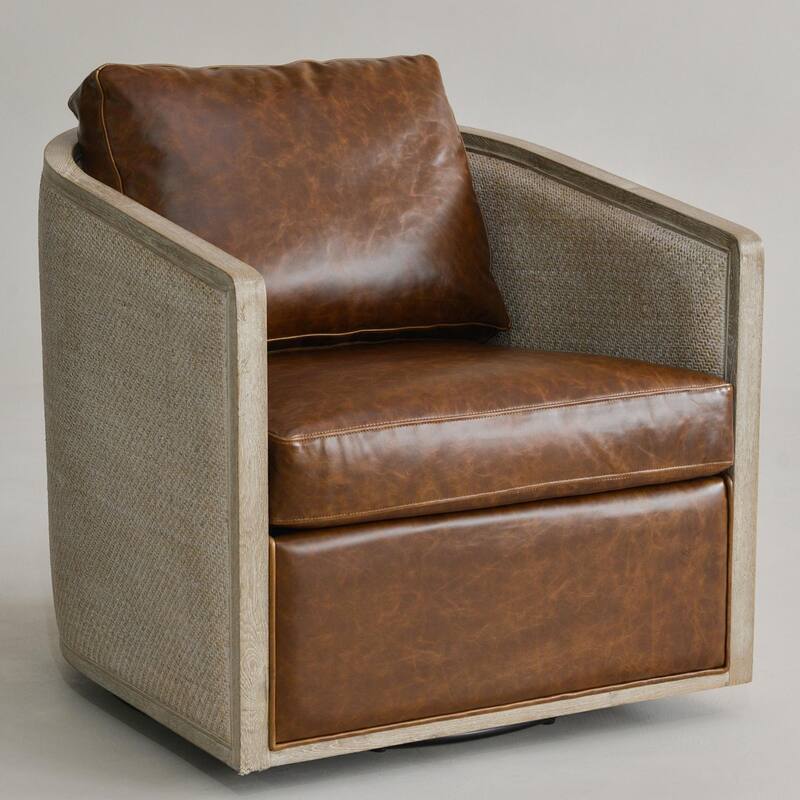 KINWELL 31"W Oak Frame Upholstered Swivel Barrel Armchair