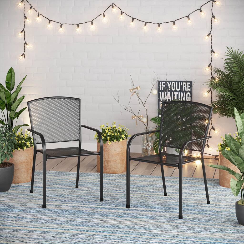 Black Steel Mesh Stackable Patio Dining Chairs (Set of 2)