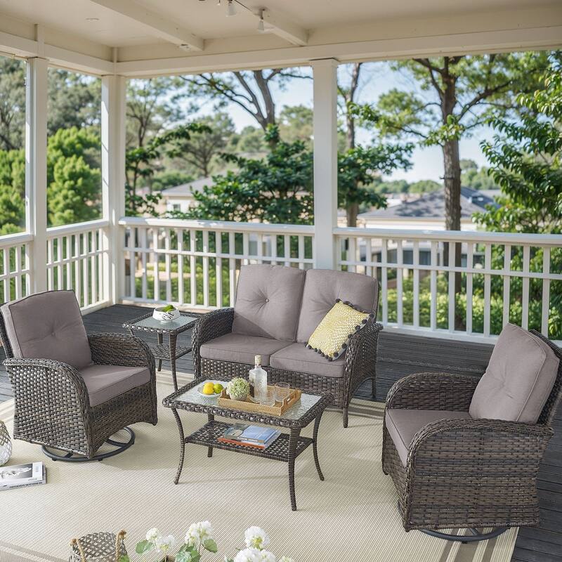 Outdoor Swivel Chairs Table with Loveseat Sofa Coffee Table - Brown - Grey