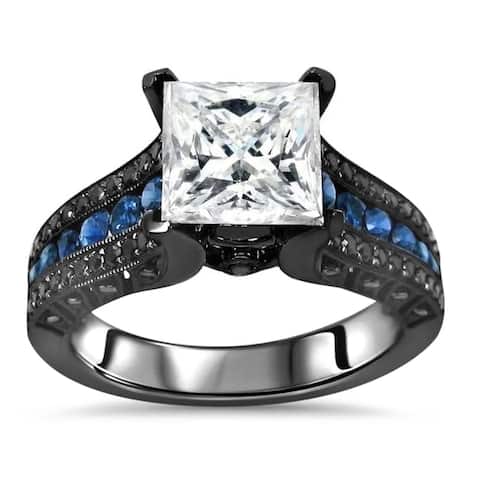14k Black Gold 2-4/5-carat TGW Princess Moissanite Blue Sapphire Black Diamond Engagement Ring - White