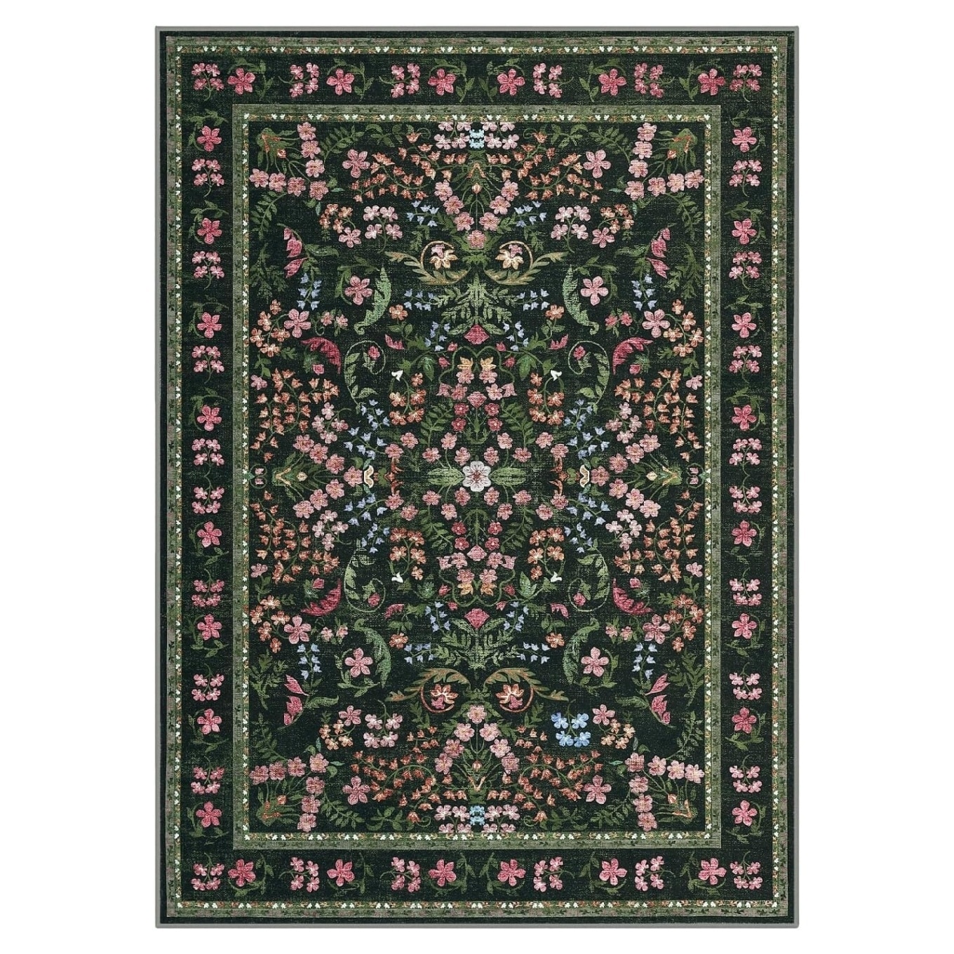 Washable Area Rug, Boho Floral Soft Rugs for Living Room, Non Slip Low Pile Carpet for Bedroom, Dining Room, Nursery