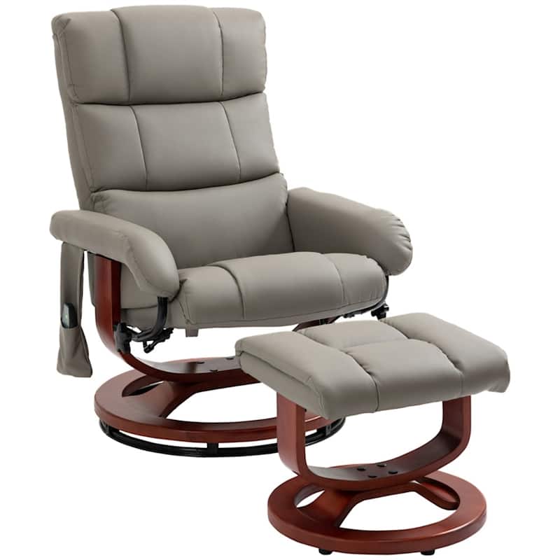 PU Leather Massage Recliner Chair Including Ottoman with Swivel Base and Adjustable Vibration - 28.75" W x 33" D x 40.25" H - Grey