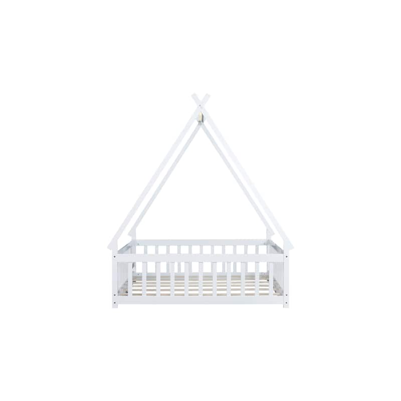 Full Size Rubber Wood Tent-shaped Floor Bed, with Guardrails, Slats and Door