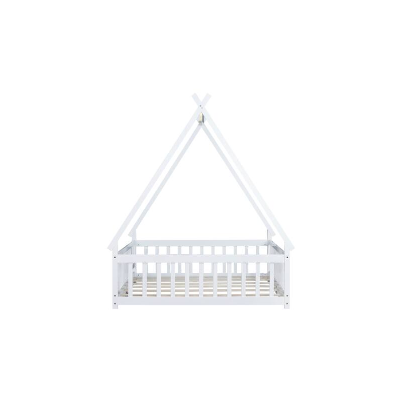 White Full Size Rubber Wood Tent-shaped Floor Bed with Guardrails, Slats and Door