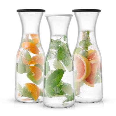 Hali Glass Carafe Bottle Pitcher with 6 Lids - 35 oz - Set of 3 - 3.5" x 3.5" x 10.87"