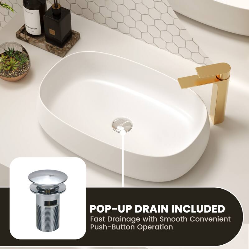 Solid Surface Vessel Bathroom Sink with Pop-Up Drain and Drain Hose, Modern Above Counter Wash Basin with Center Drain