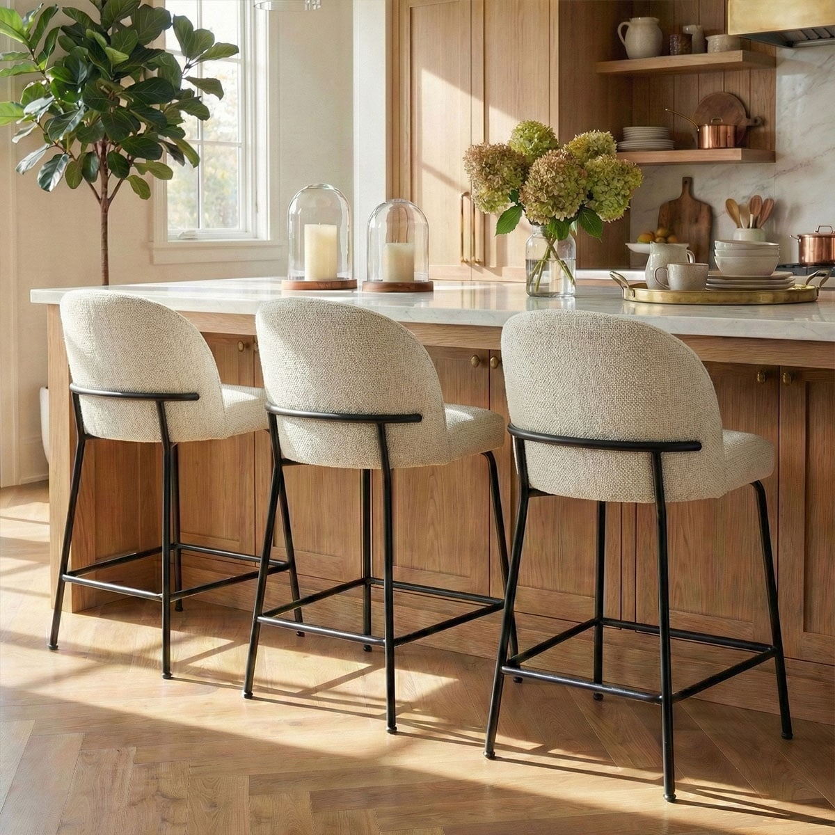 Upholstered Counter Height Bar Stool Set with Curved Back and Metal Frame (Set of 3)