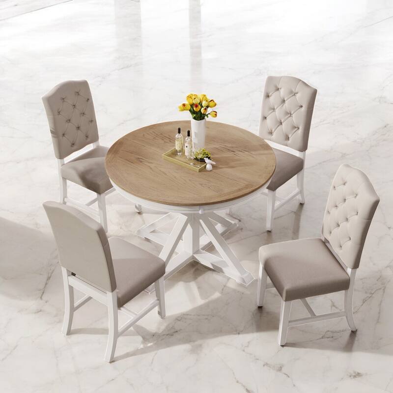 5-Piece Retro Extendable Dining Table Set with 4 Upholstered Chairs - Rubber Wood for Dining Room and Kitchen - Oak Natural Wood + OFF White
