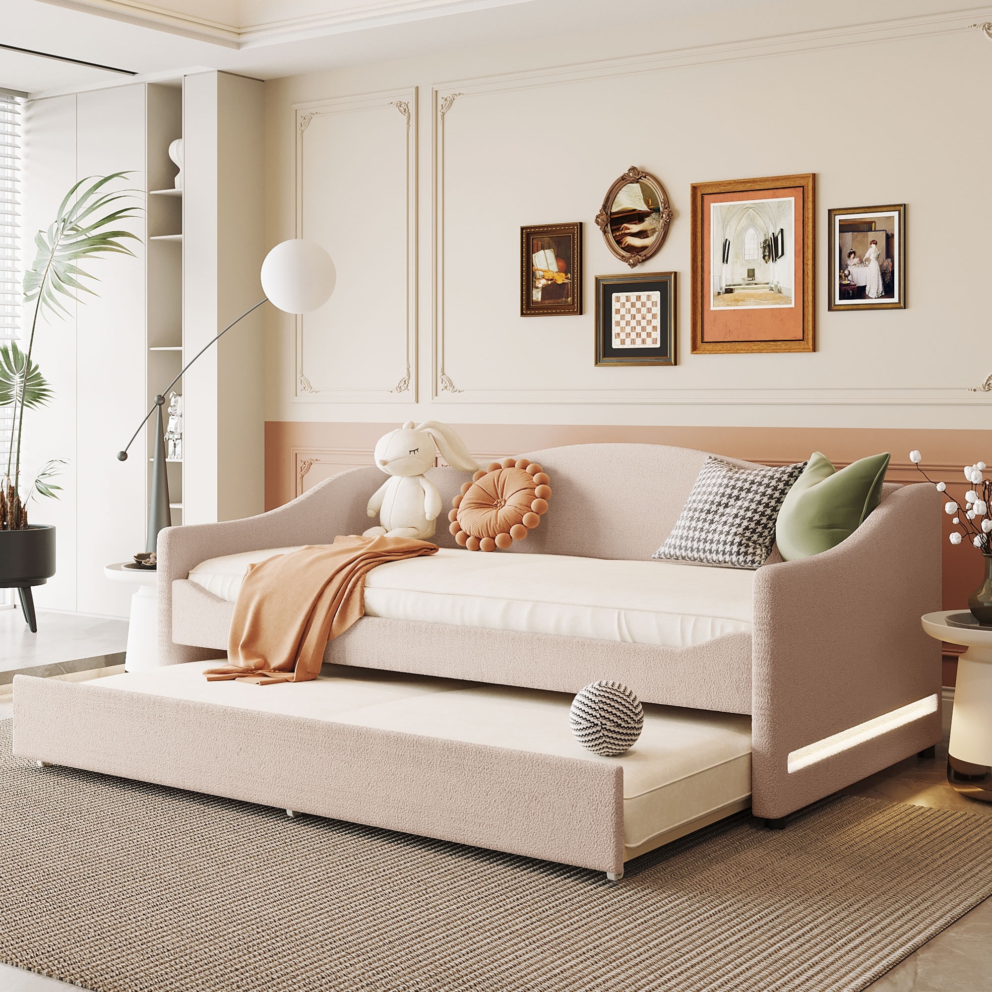 Teddy Fleece Twin Size Upholstered Daybed with Trundle Bed and Smarter LED Bed Frame On Sale Bed Bath Beyond 39312839