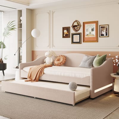 Twin Size Upholstered Daybed with LED Lights, Teddy Fleece Fabric, and Trundle, Perfect for Sleepovers