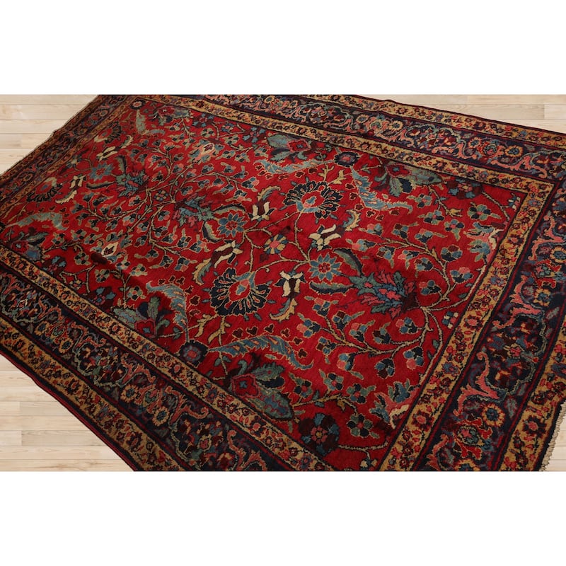 6'2''x9'2'' Hand Knotted Wool Red Old Traditional Rug - 6' 2'' x 9' 2''