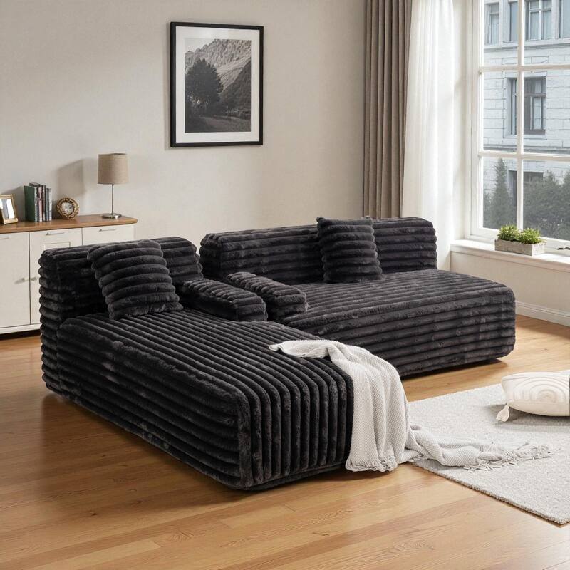 110" Cloud Sectional Sofa Free-Combined Faux Upholstered Modular Couch with Pillows for Living Room - Black