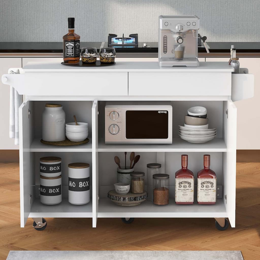 53.2'' Kitchen Island with Drop Leaf, Kitchen Storage Cart with Spice Rack, Towel Rack and 2 Drawers, Rolling Kitchen Island
