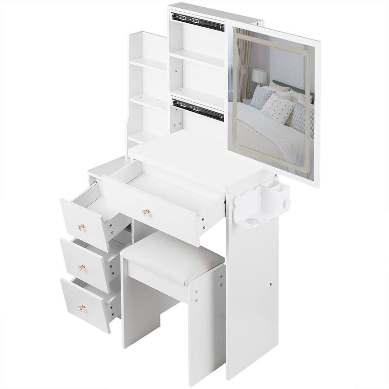 Makeup Vanity Desk with Slidding LED Lighted Mirror, Power Outlet & Hair Dryer Bracket, Small Dressing Table Set with Stool