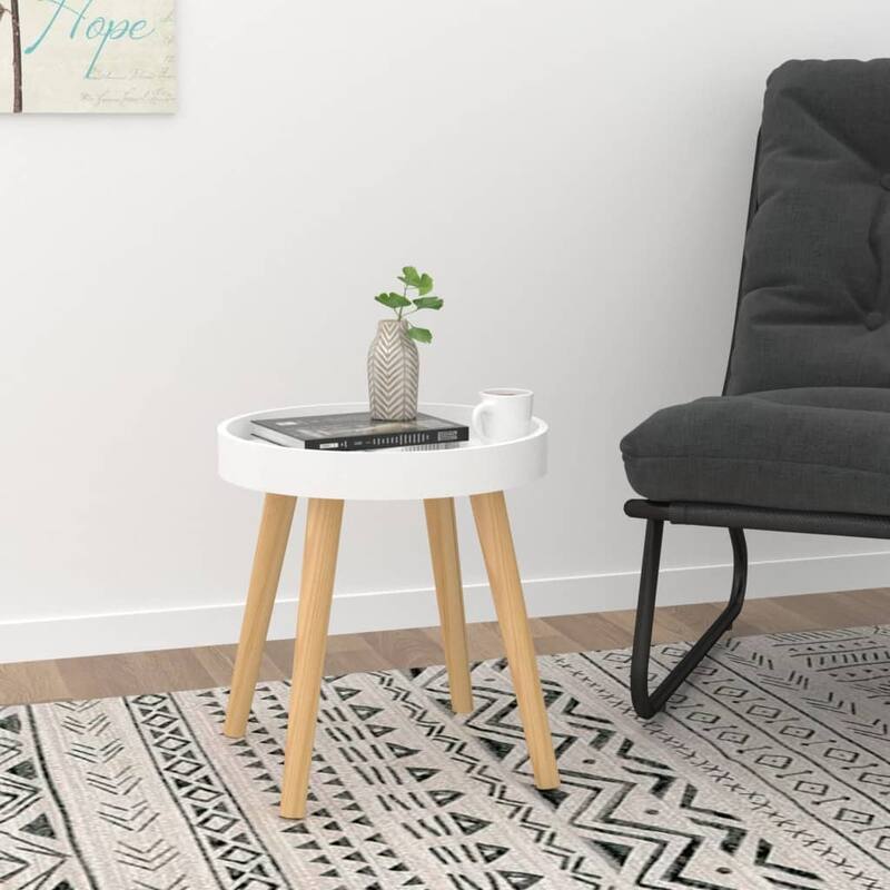 vidaXL Side Table Round End Coffee Table Engineered Wood and Solid Wood Pine - 15"x15"x15.7" - White