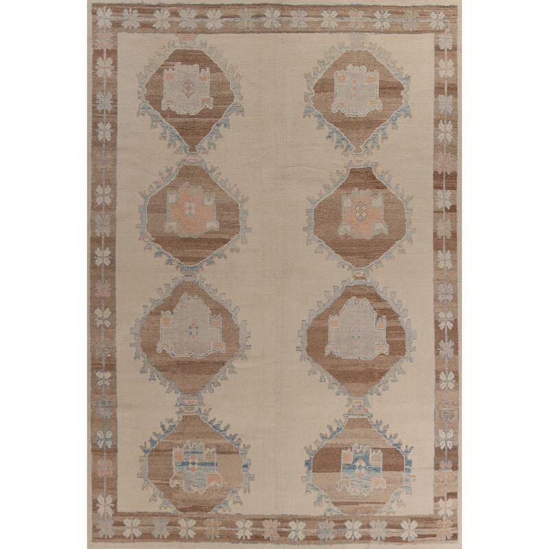 Hand Knotted Oriental 100% Wool Carpet Transitional Geometric Beige & Ivories Oushak Area Rug - 13' 6'' X 10' 3''