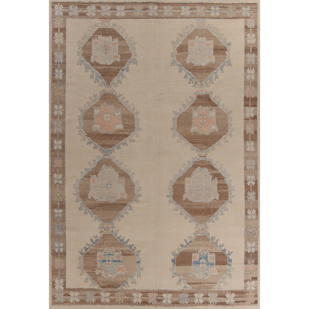 Hand Knotted Oriental 100% Wool Carpet Transitional Geometric Beige & Ivories Oushak Area Rug - 13' 6'' X 10' 3''