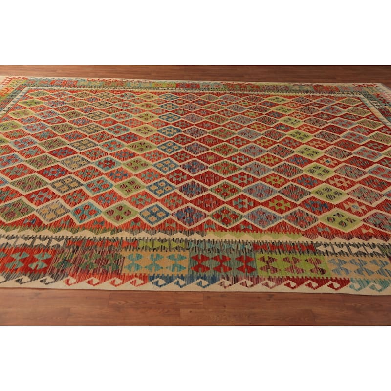 All-Over Trellis Kilim Oriental Area Rug Wool Carpet - 9'8"x 12'10"
