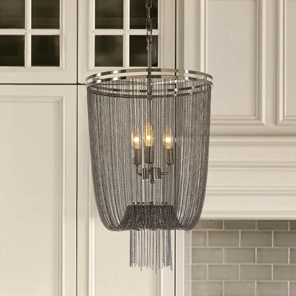 Glam Contemporary 3-Light 16 Inch Chainmail Tassel Chandelier Dimmable Hanging Light For Living Room Dining Room - W16''