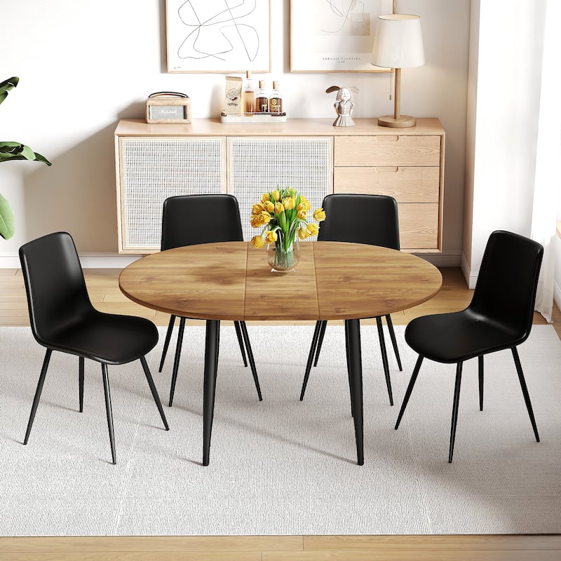 5-Piece Round Extendable Dining Set with 4 Black PU Leather Chairs