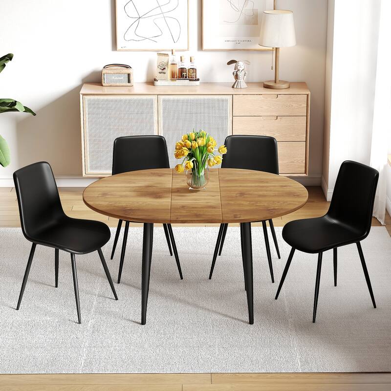 Wood Kitchen Table Set with 4 Chairs, 5-Piece Round Dining Set with Extendable Dining Table for Dining Room