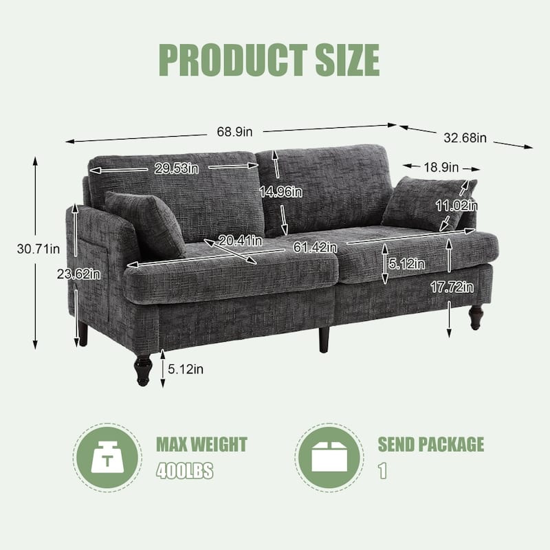 Modern Chenille 2-Seater Wood-Legged Sofa with LED light, USB Charging Port and Storage Bag