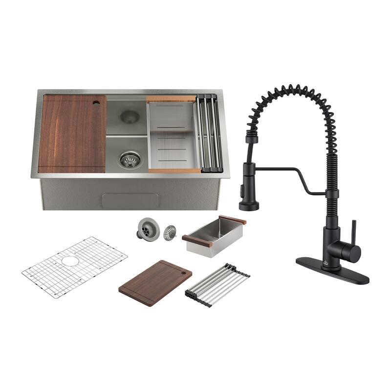 All-in-One Kit Undermount Single Bowl 16 Gauge Nano Brushed Stainless Steel Workstation Kitchen Sink with Faucet and Accessories - 32 x 19 x 10 - Sink + Matte Black Pull Down Kitchen Faucet