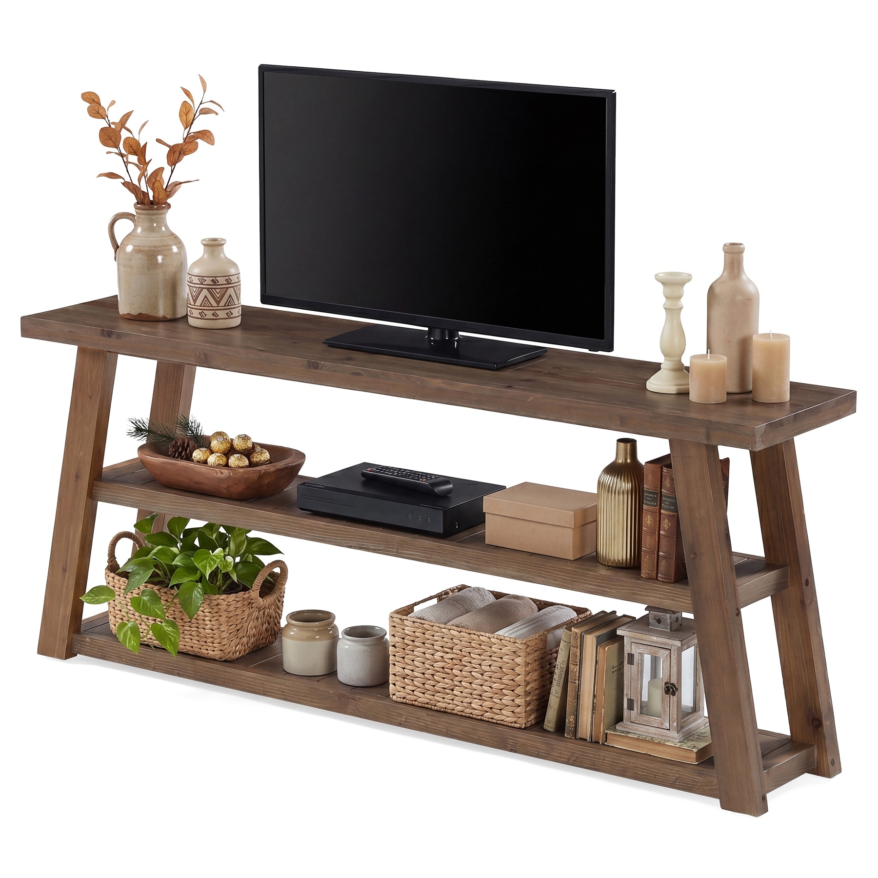 63" Solid Wood TV Stand for TVs Up to 70 Inches, 3-Tier Farmhouse Media Console with Open Storage Shelves