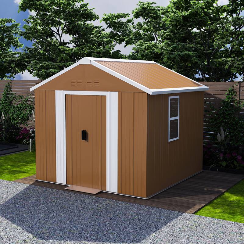 6X4 FT Heavy-Duty Metal Storage Shed with Windows, Lockable Door & Ventilation - Weatherproof Outdoor Garden Shed - Brown