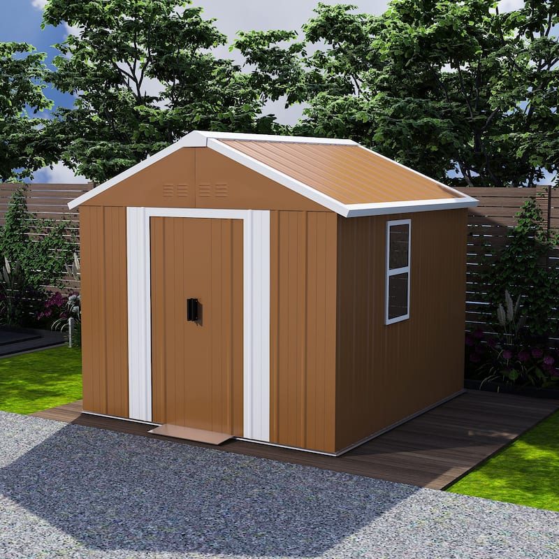 Roomfitters 6x4 FT Metal Storage Shed with Windows, Lockable Sliding Door, Vents & Weatherproof for Garden, Brown