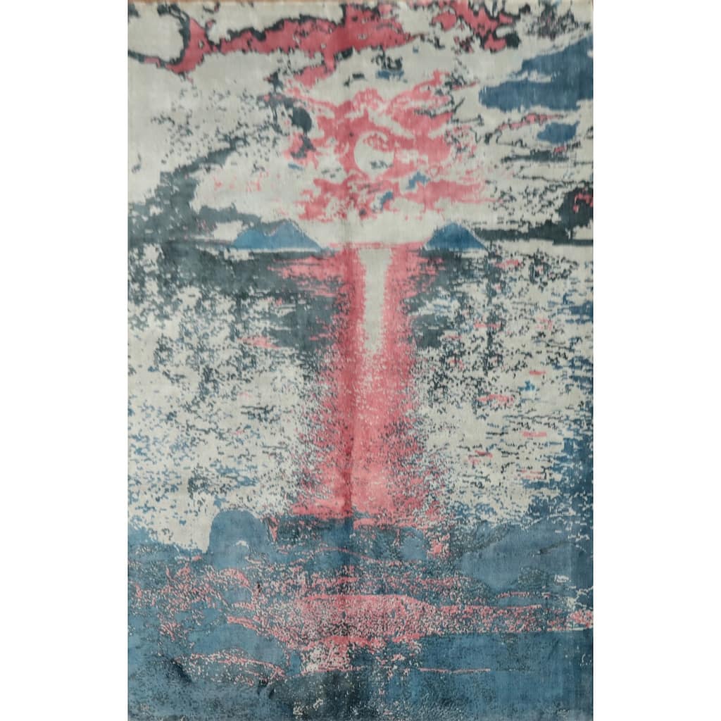 Hand Knotted Oriental Viscose Silk Carpet Modern Pictorial Multi-Colored Abstract Area Rug - 7' 11'' X 5' 8''