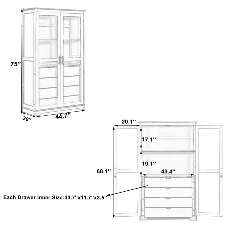 Roomfitters 75" Kitchen Pantry, Freestanding Storage Cabinet Display Cabinet with Glass Doors and 4 Drawers