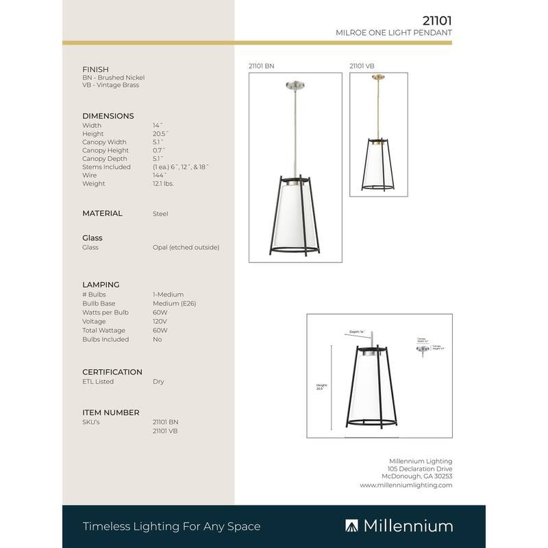 Millennium Lighting Milroe 1 Light Pendant Fixture