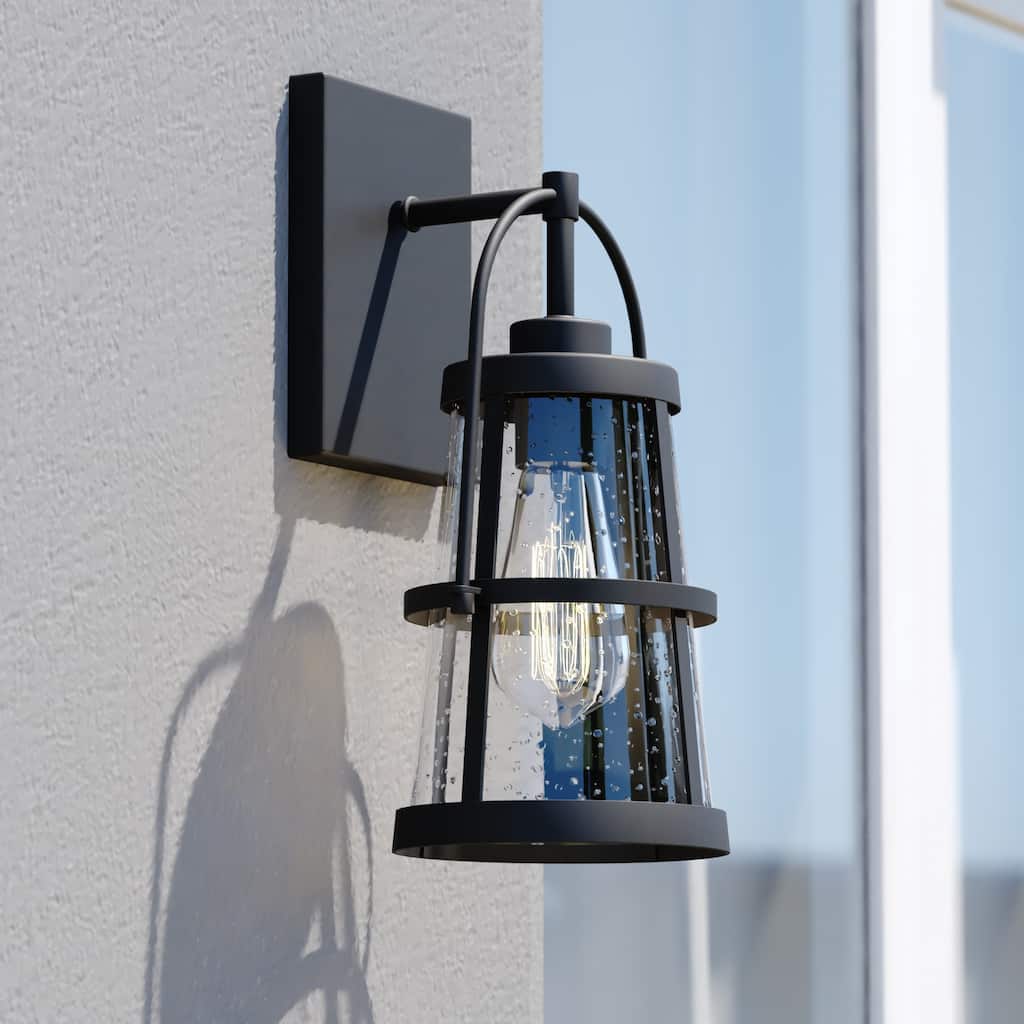 VAXCEL Portage Park 12.75 in. H 1-Light Matte Black Dusk to Dawn Sensor Outdoor Wall Sconce, Steel, Clear Seeded Glass Shade