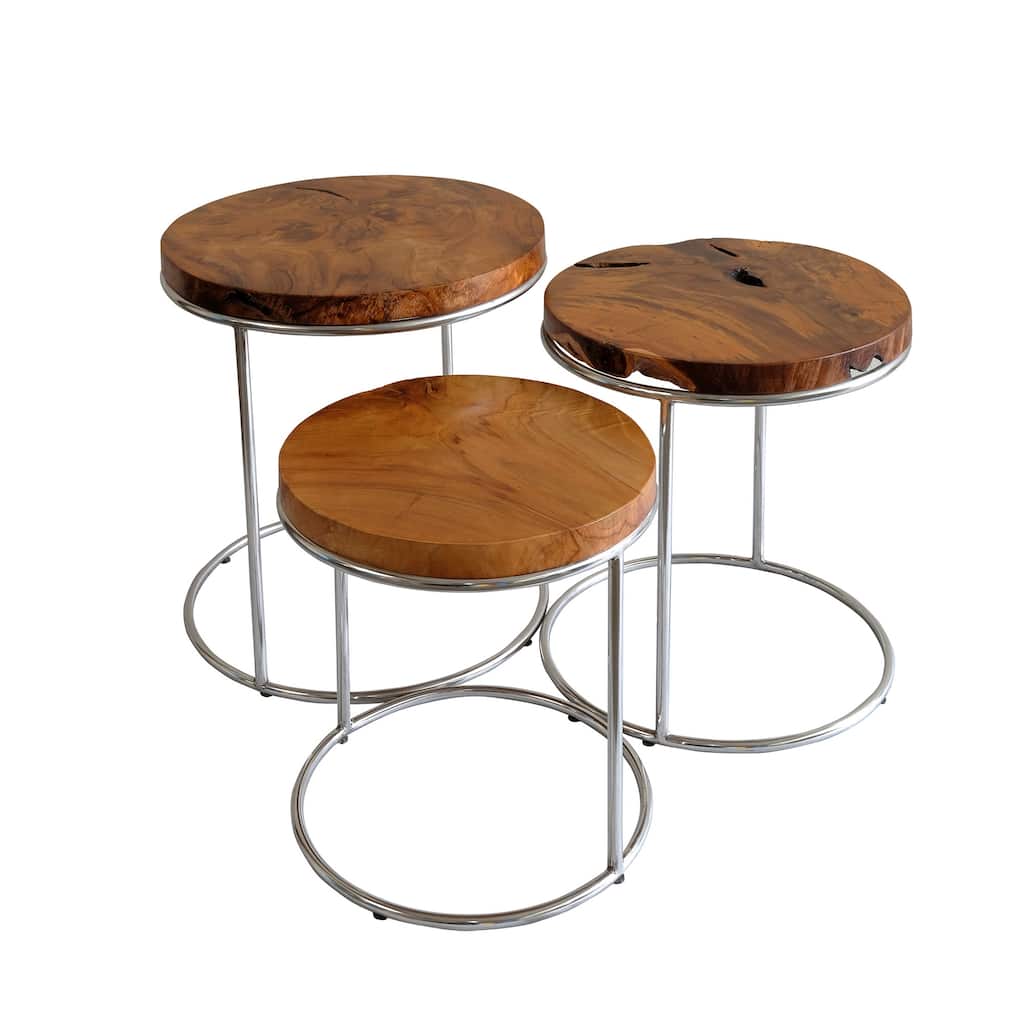 Casual Elements Round Nesting Teak And Stainless Side Tables Set of 3