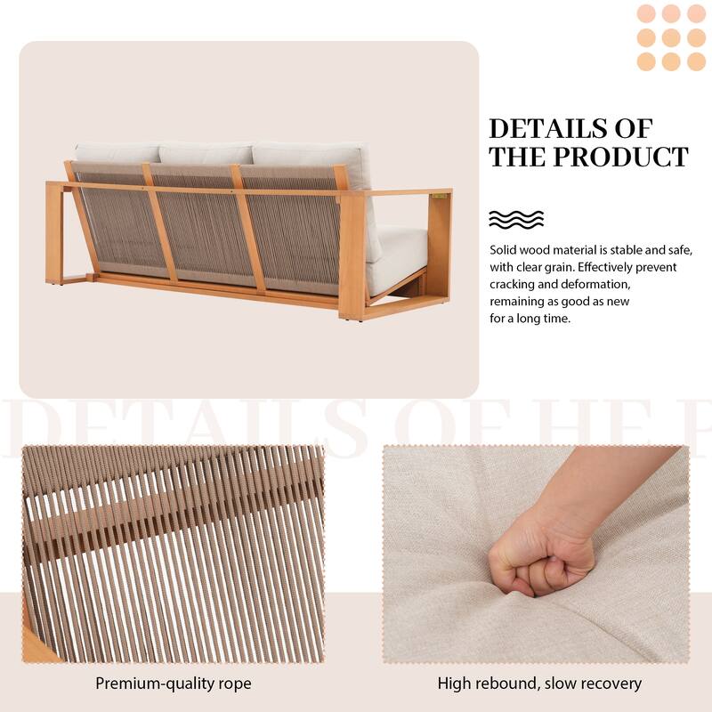 Outdoor Conversation Set 4-Piece Eucalyptus Wood 3-Seater Sofa Weather‑resistant Rope Weave with Coffee Table