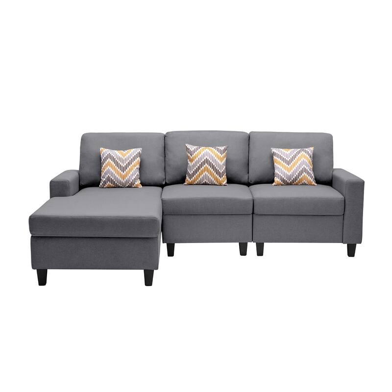 Linen Fabric 3 Piece Reversible Sectional Sofa Chaise with Pillows and Interchangeable Legs in Grey