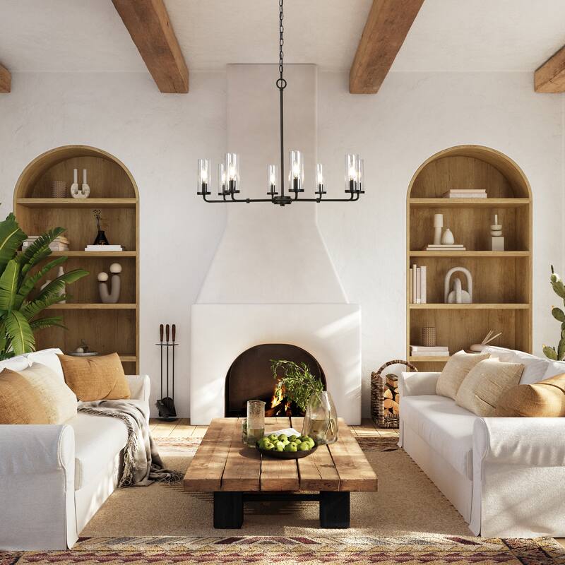 Modern Farmhouse 8-Light Black Wheel Chandelier with Glass Shade for Dining Living Room - D 31.5" x H 24"