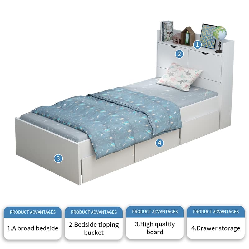 Twin Bed Frame Wood Platform Bed with Storage Drawers and Headboard