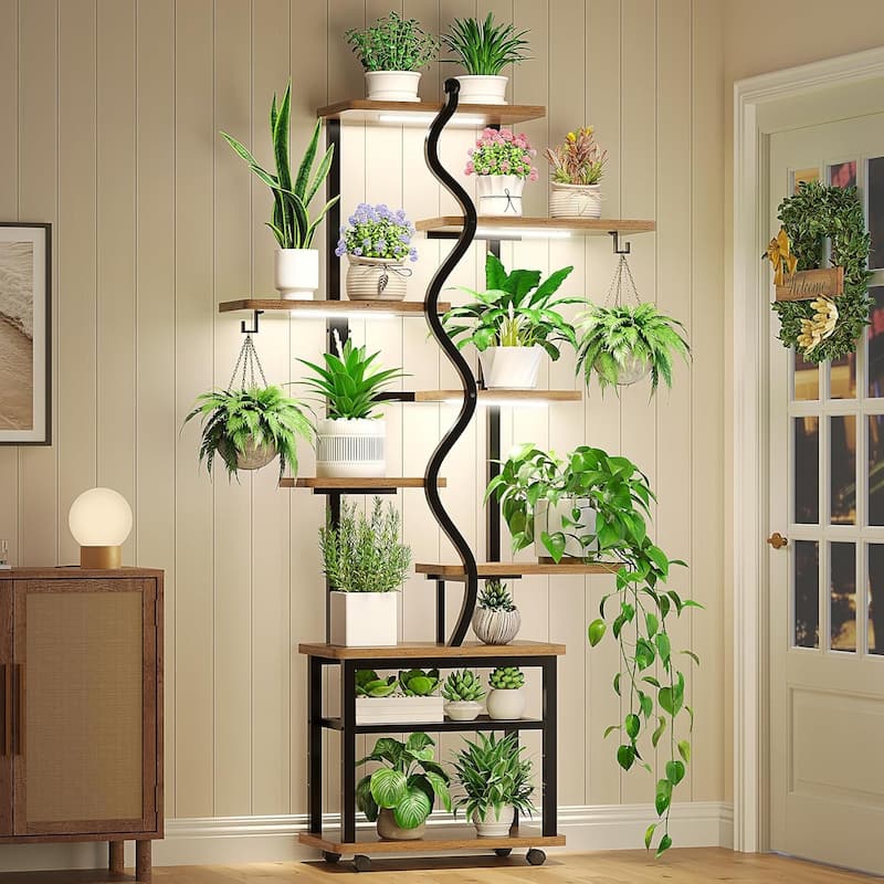 Plant Stand with Grow Light Plant Rack with Wheels Display Shelves - Brown - 9 Tier