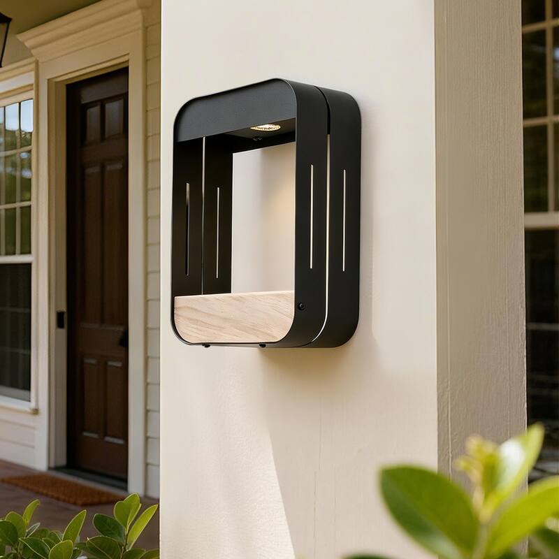 Outdoor Solar LED Wall Lantern Metal Wood-grain Shelf Sconce - Medium - Black