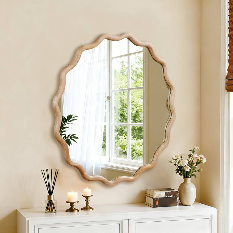 GDFStudio - Linea Luxury Modern Wavy Round Wall Decorative Mirror with Solid Wood Frame & Organic Flow Design